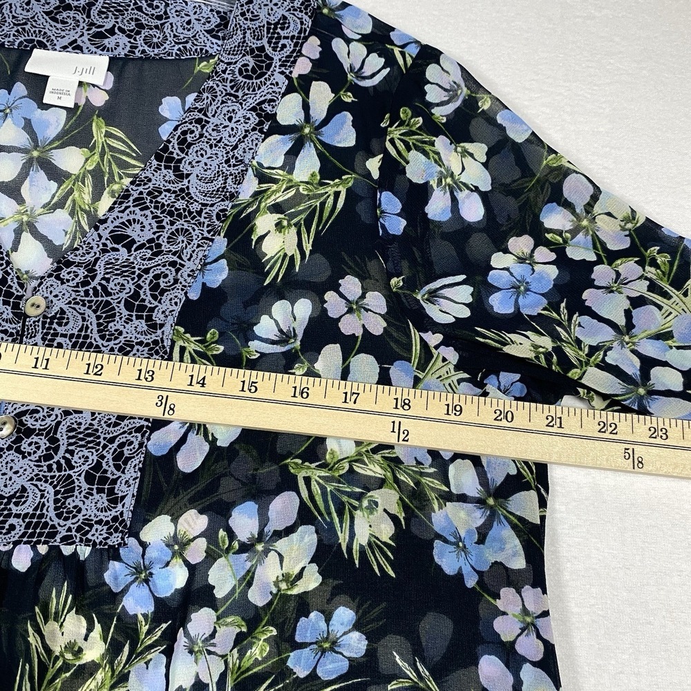 J.JILL floral Blouse MEDIUM Sheer navy blue - Picture 5 of 8